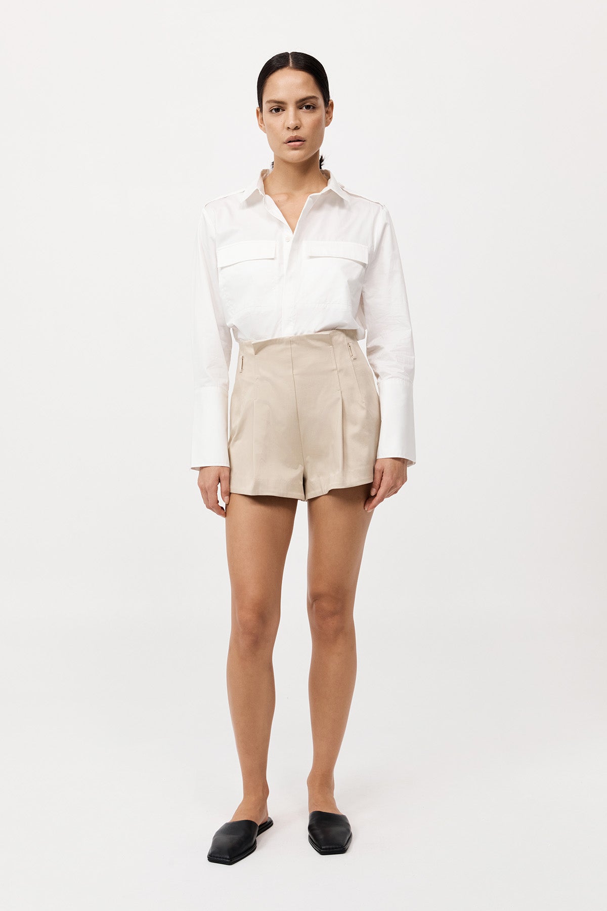Agni Cotton Paperbag Waist Shorts Champagne