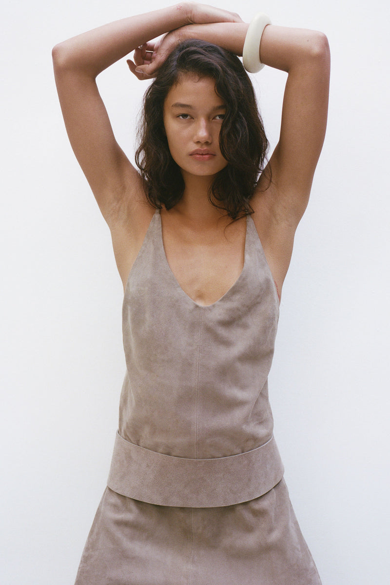 PRE-ORDER: Suede Low Back Tie Top - Earth