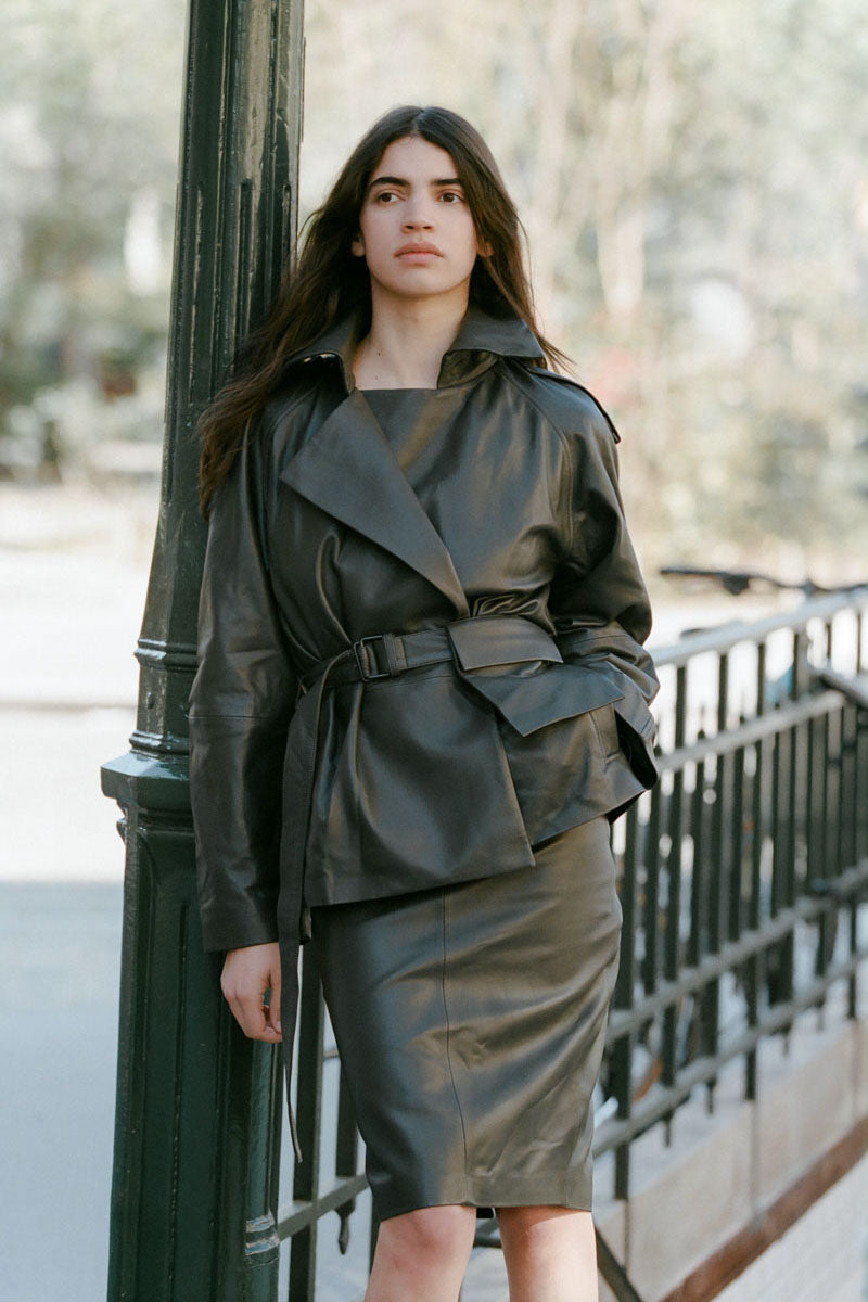Cropped Leather Trench - Khaki