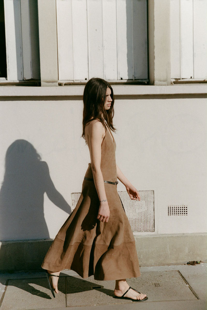st agni brown dress Recycled Stretch-knit And Silk-blend Maxi Dress In Brown