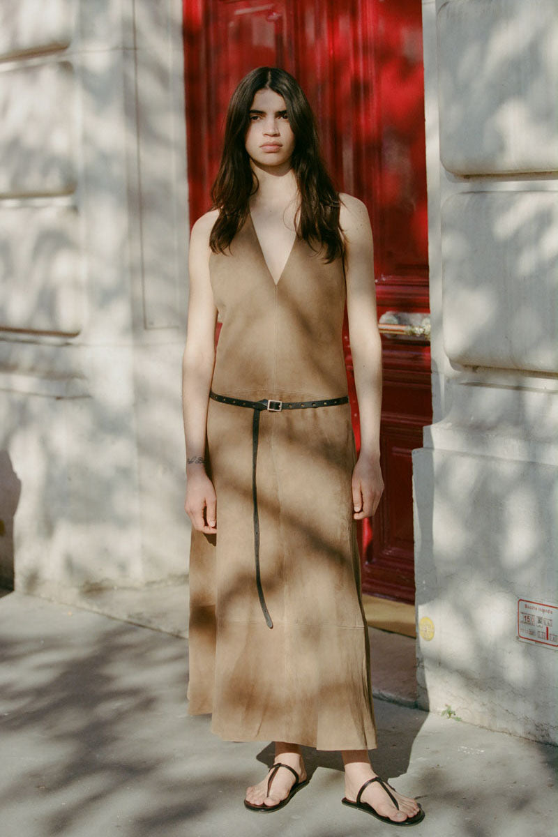 St. Agni | Suede Halter Plunge Dress - Toffee St. Agni | Suede Halter Plunge Dress - Toffee