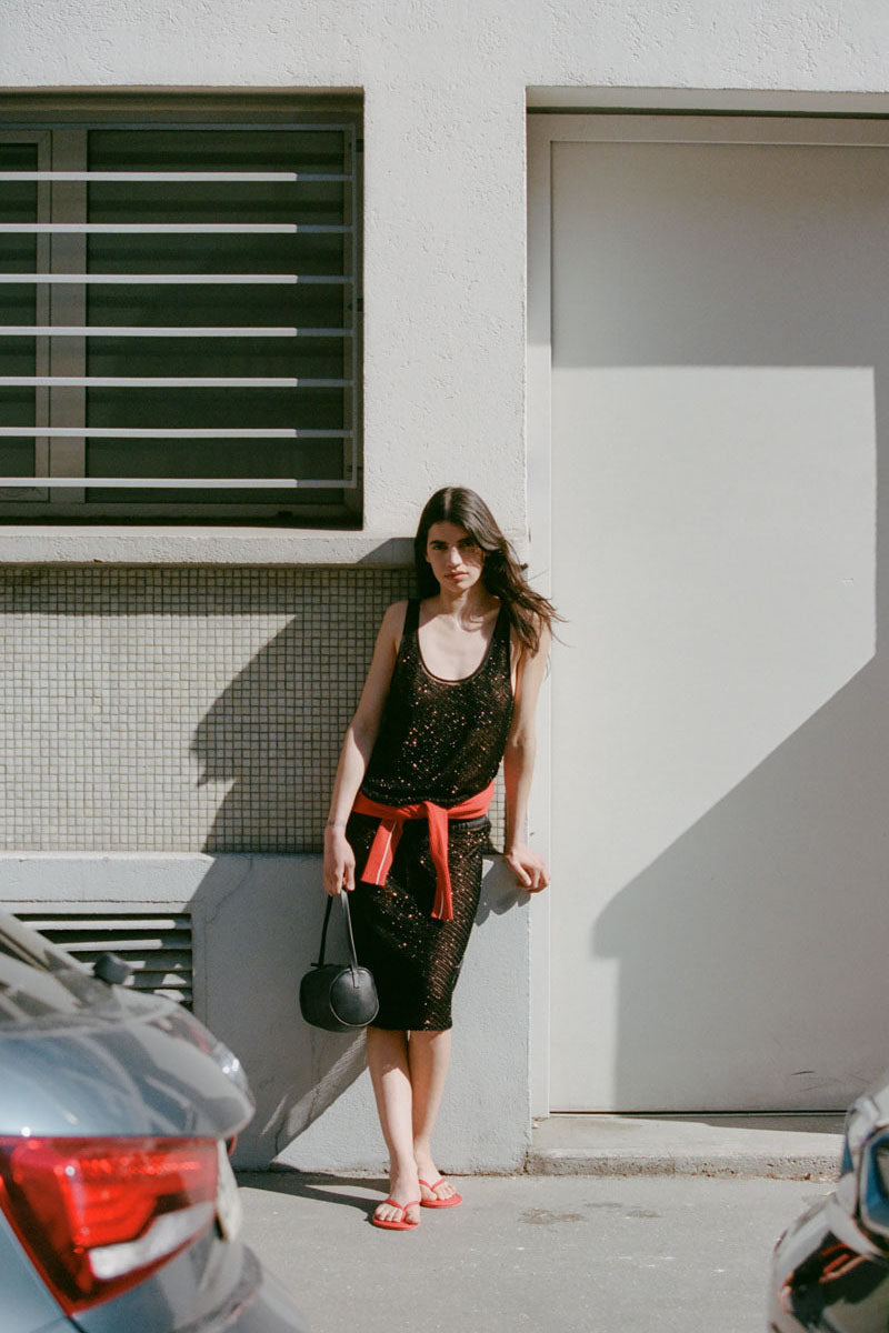 Glass Beaded Mesh Skirt - Jet Black