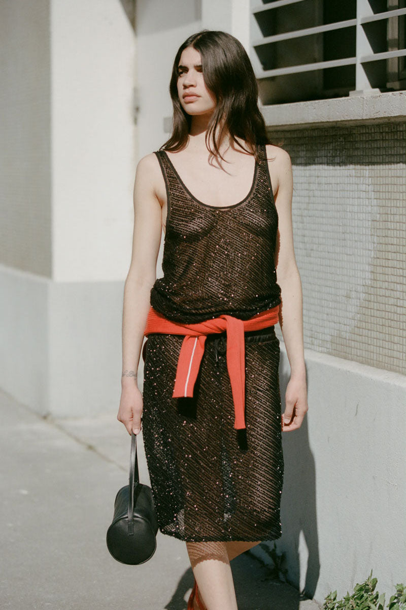 Glass Beaded Mesh Top - Jet Black