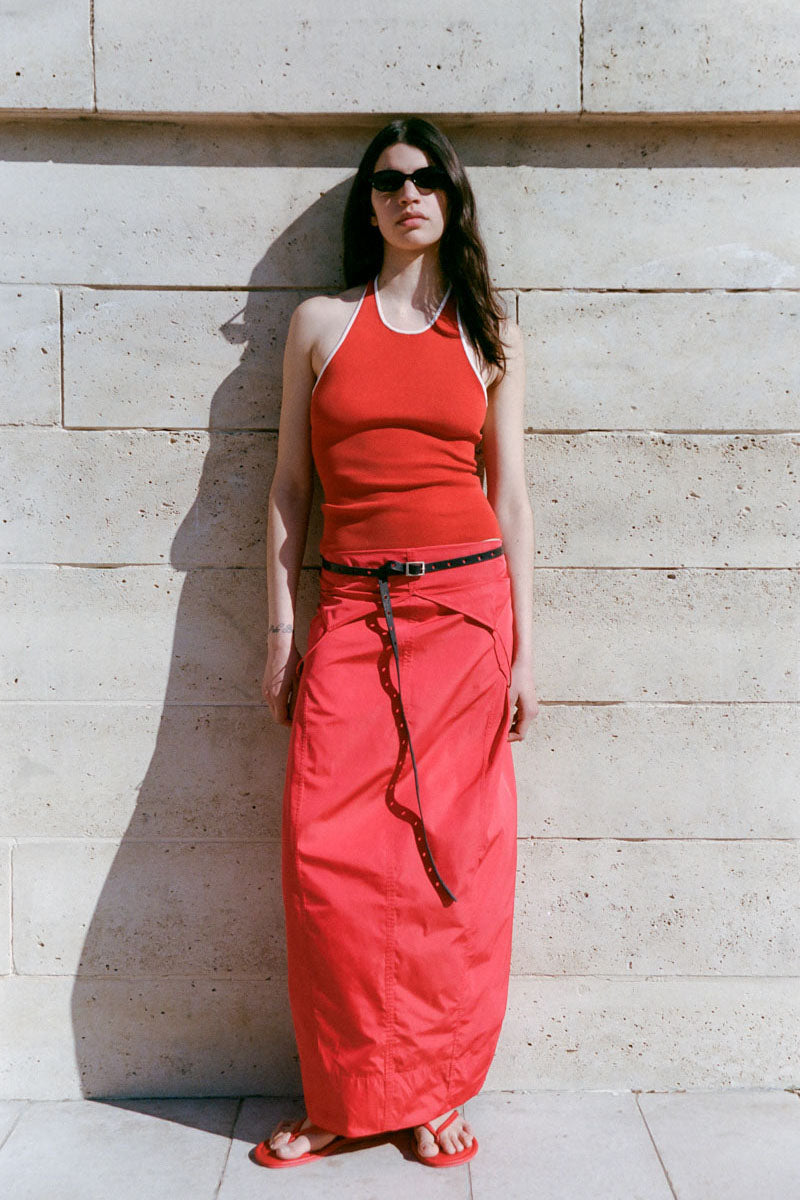 red cocoon dress Tucked Cocoon Dress in Vermilion