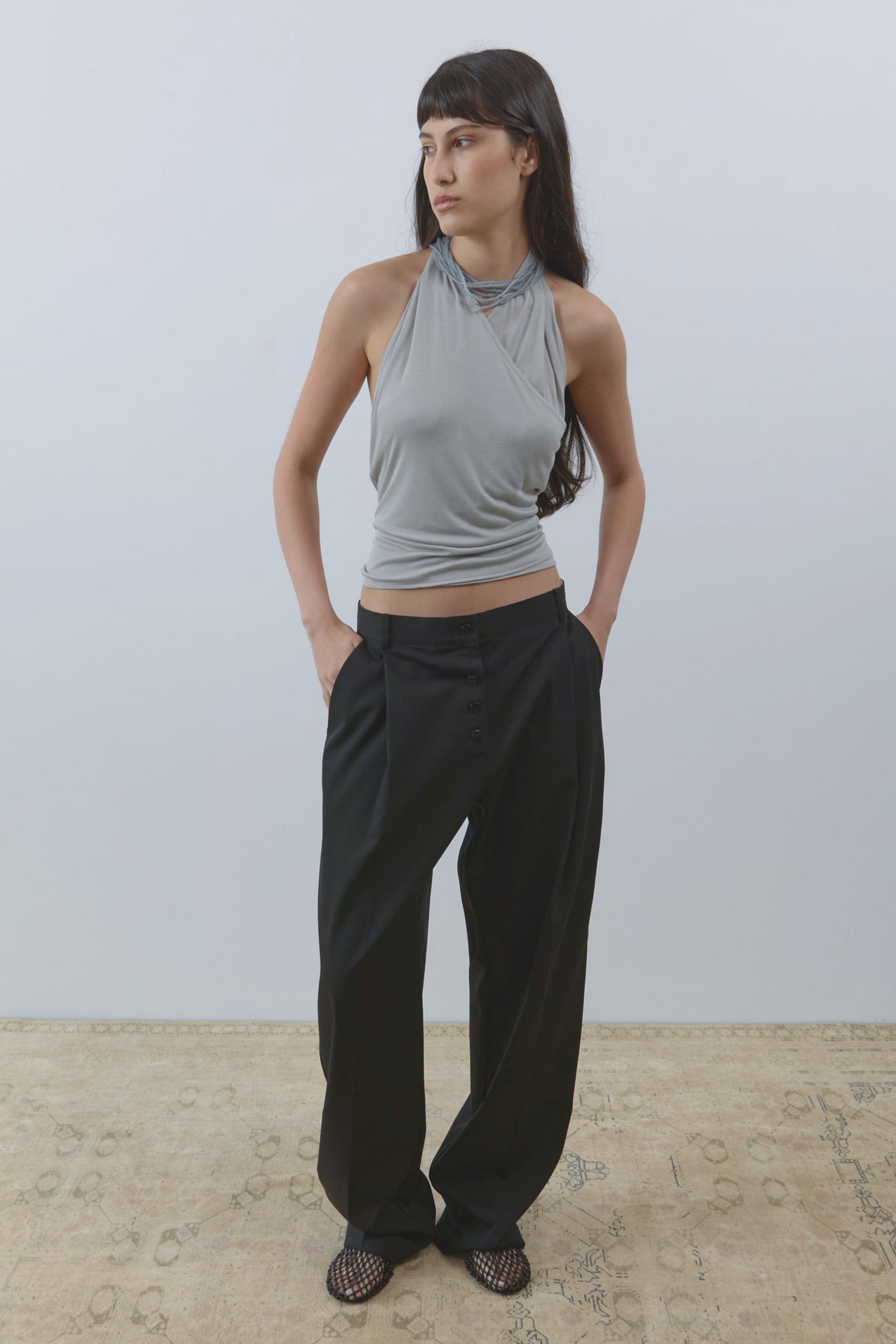 Fine Jersey Wrap Halter Top - Soft Ash