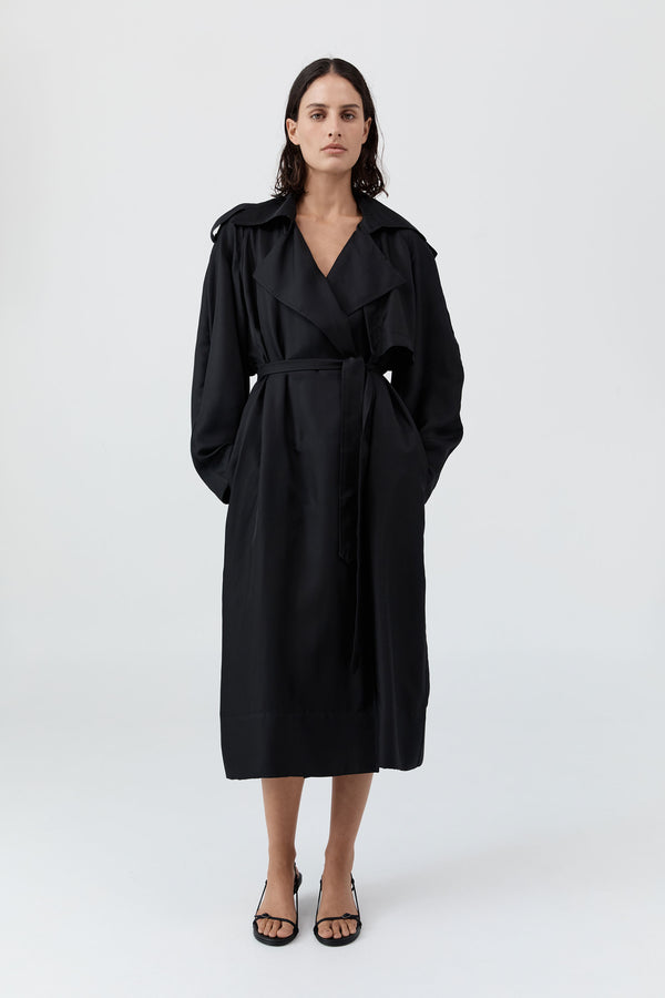 Silk Twill Relaxed Trench - Black
