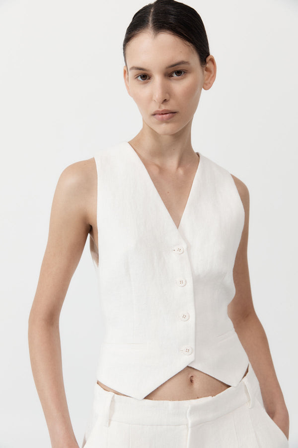 Tailored Linen Vest - Ivory