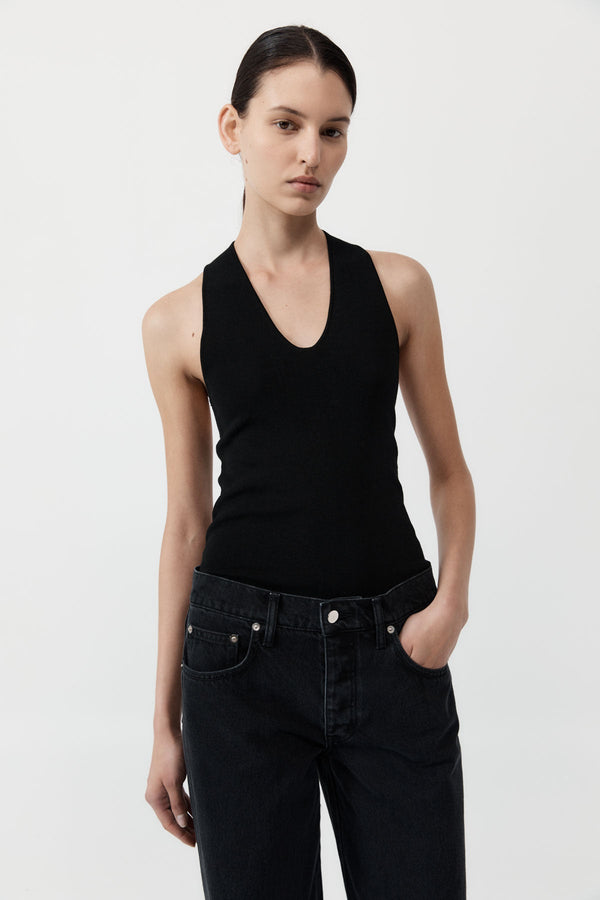 Plunge Neck Knit Top - Black