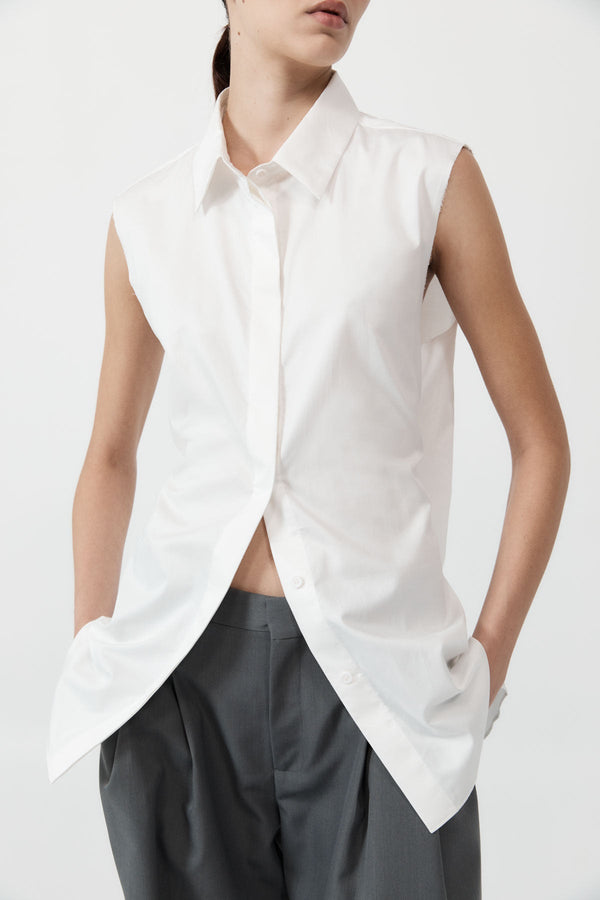 Cotton Belted Sleeveless Shirt - White