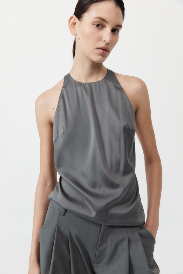 Soft Silk Suspender Top - Pewter Grey