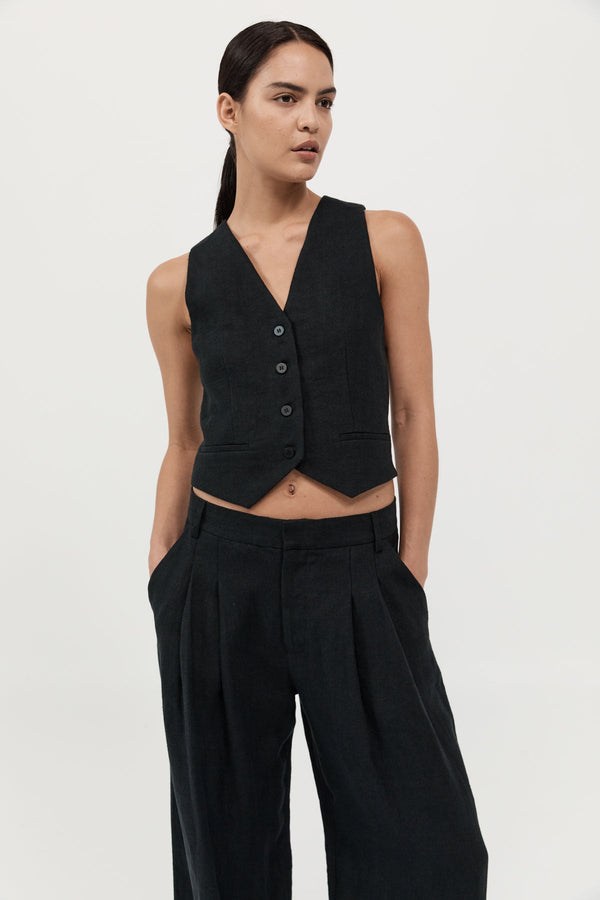 Tailored Linen Vest - Black