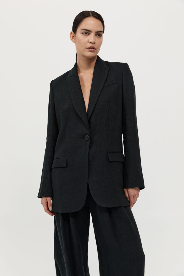 Tailored Linen Blazer - Black