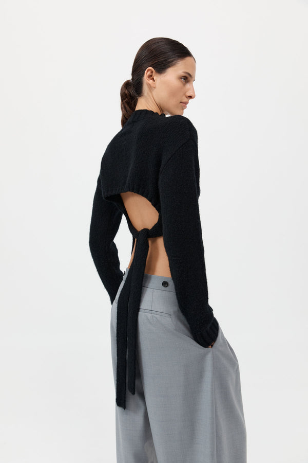 Wool Cashmere Blend Tie Back Jumper - Black