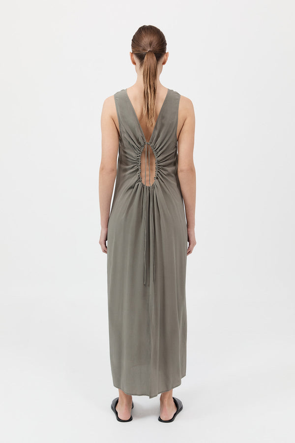 Drawstring Silk Dress - Smokey Olive