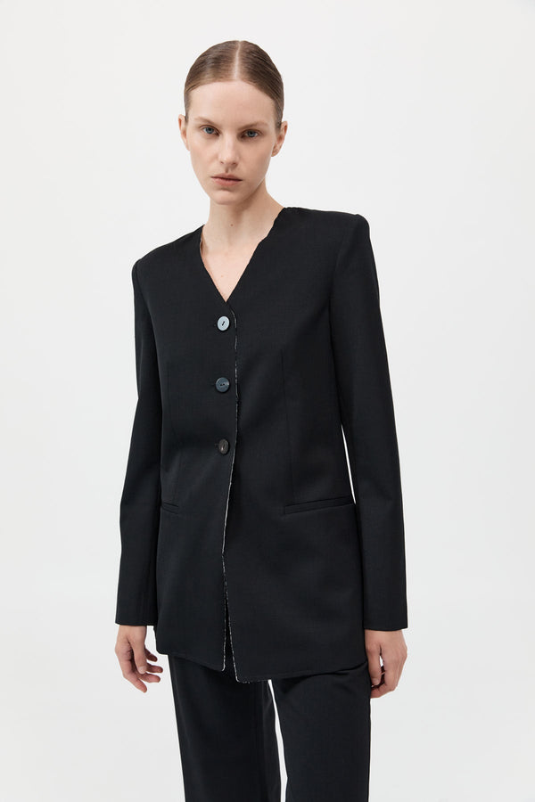 Raw Edge Collarless Blazer - Black