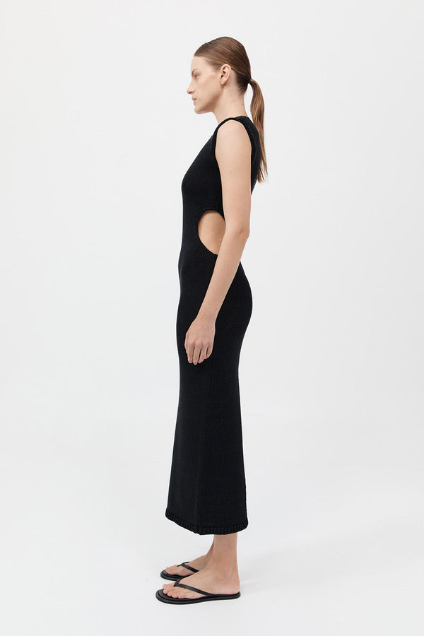 Linen Silk Blend Cut Out Dress - Black