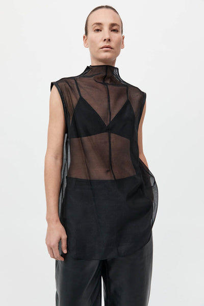 ST.AGNI/25SS/Sheer Leather Trim Top/ノースリーブブラウス/S/コットン/BLK 20240729_StAgni_S25_SH_56_S25-