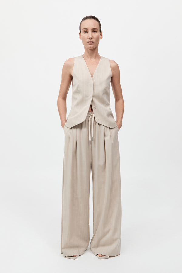 Pinstripe Wool Drawstring Pants - Latte