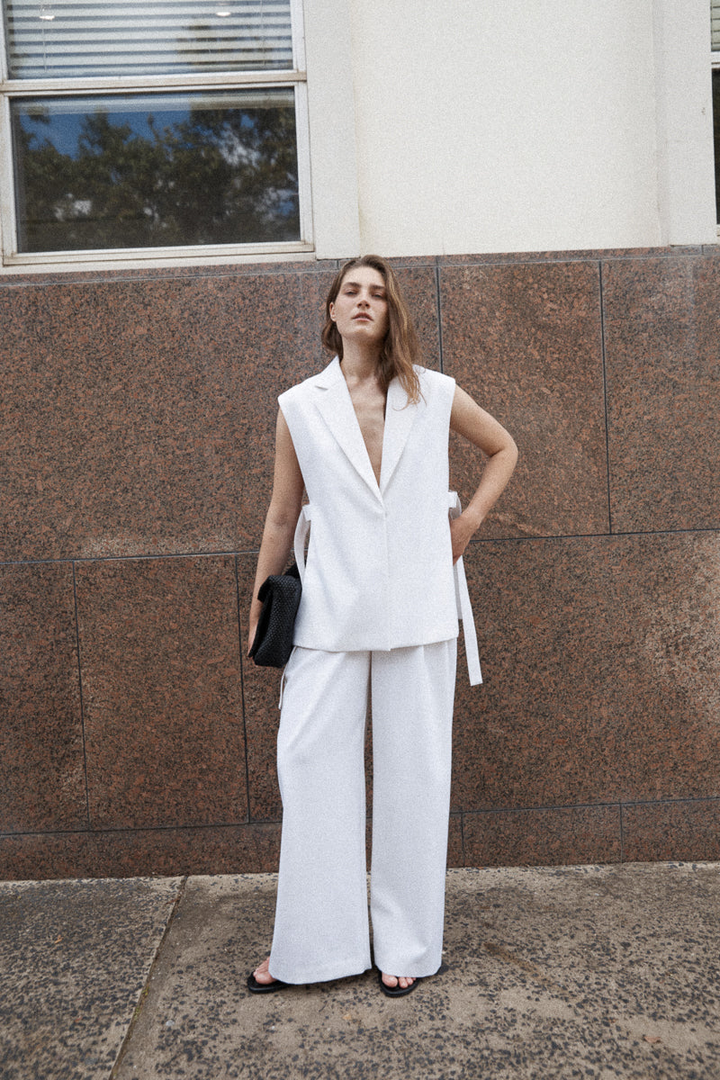 Twill Wide Leg Pleat Pants - Off White