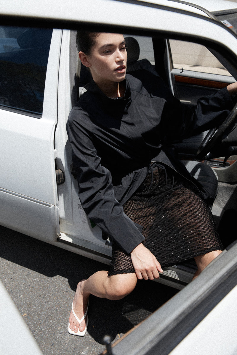 Glass Beaded Mesh Skirt - Jet Black