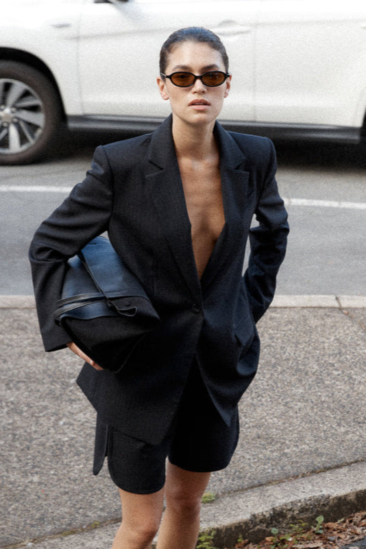 Split Back Blazer - Black Pinstripe