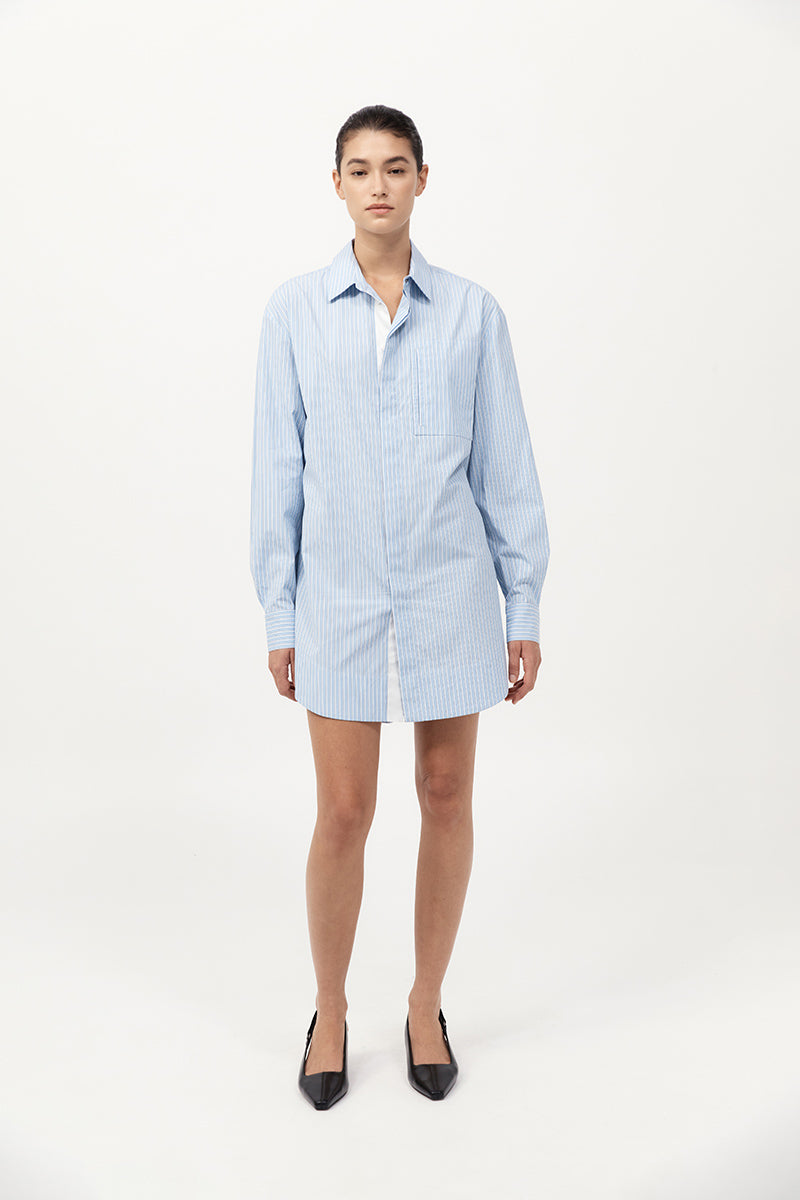 Drawstring Mini Shirt Dress - Pale Blue Stripe