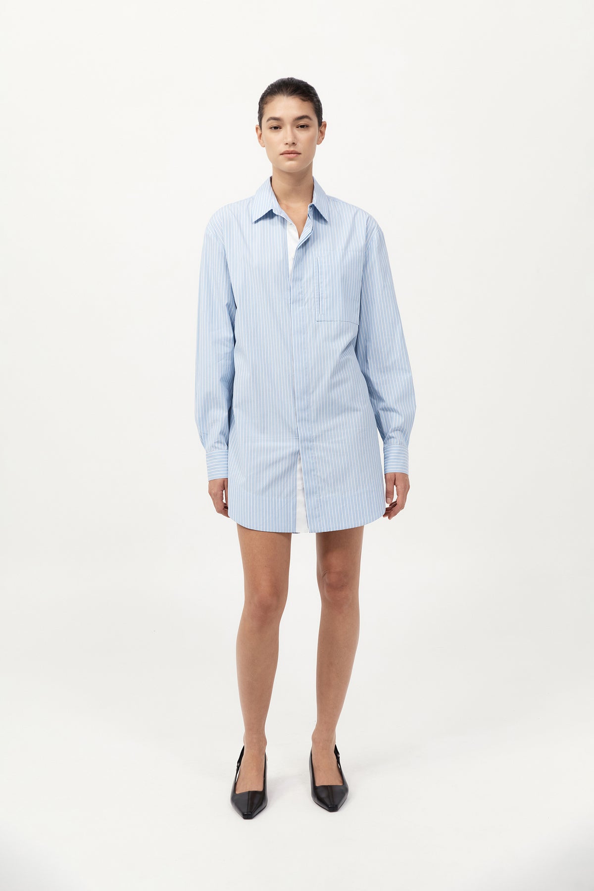 Drawstring Mini Shirt Dress - Pale Blue Stripe