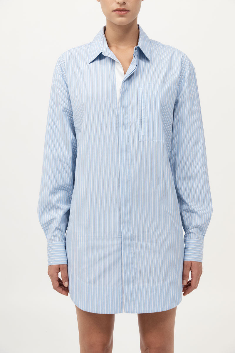 Drawstring Mini Shirt Dress - Pale Blue Stripe