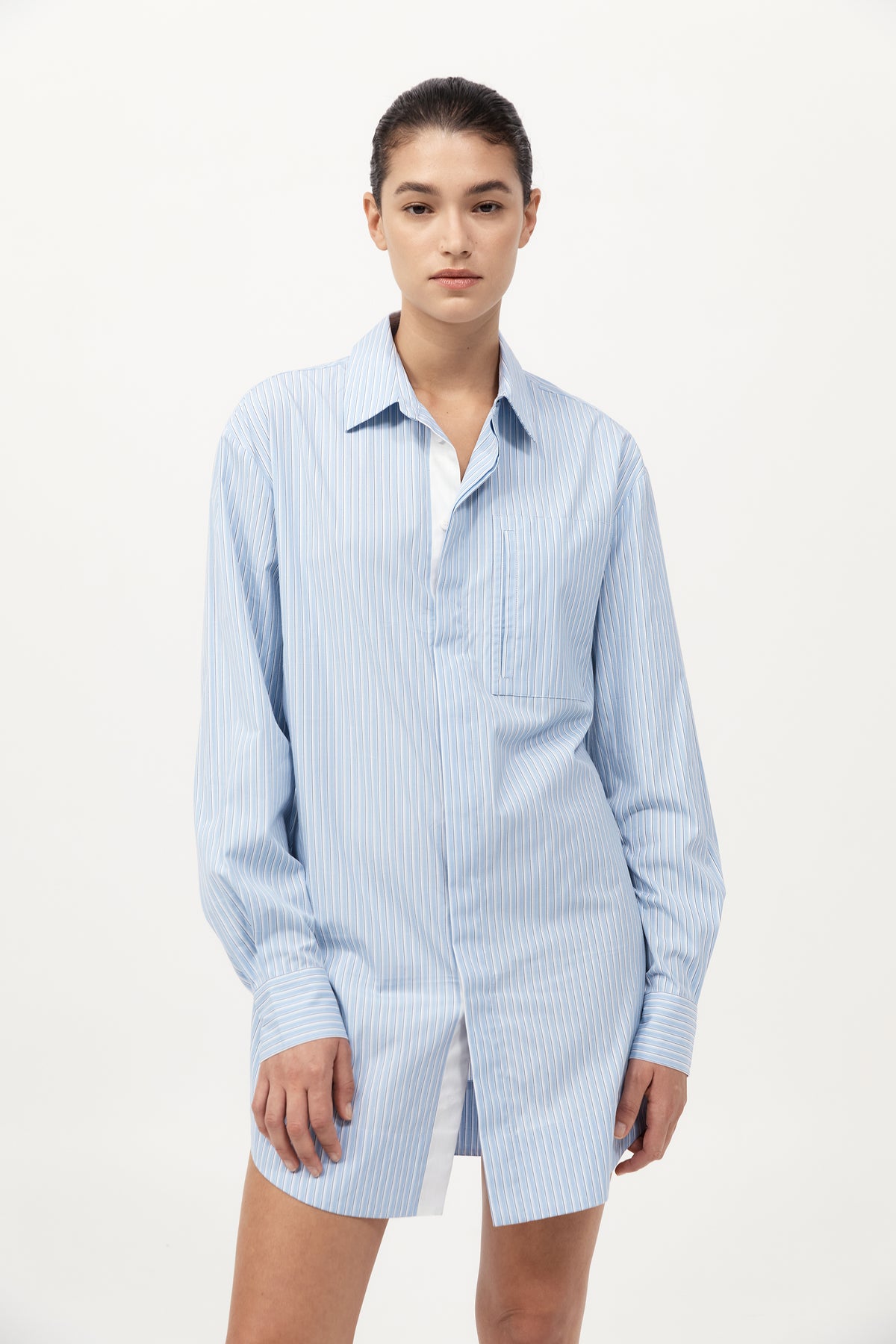St. Agni | Drawstring Mini Shirt Dress - Pale Blue Stripe St. Agni | Drawstring Mini Shirt Dress - Pale Blue Stripe