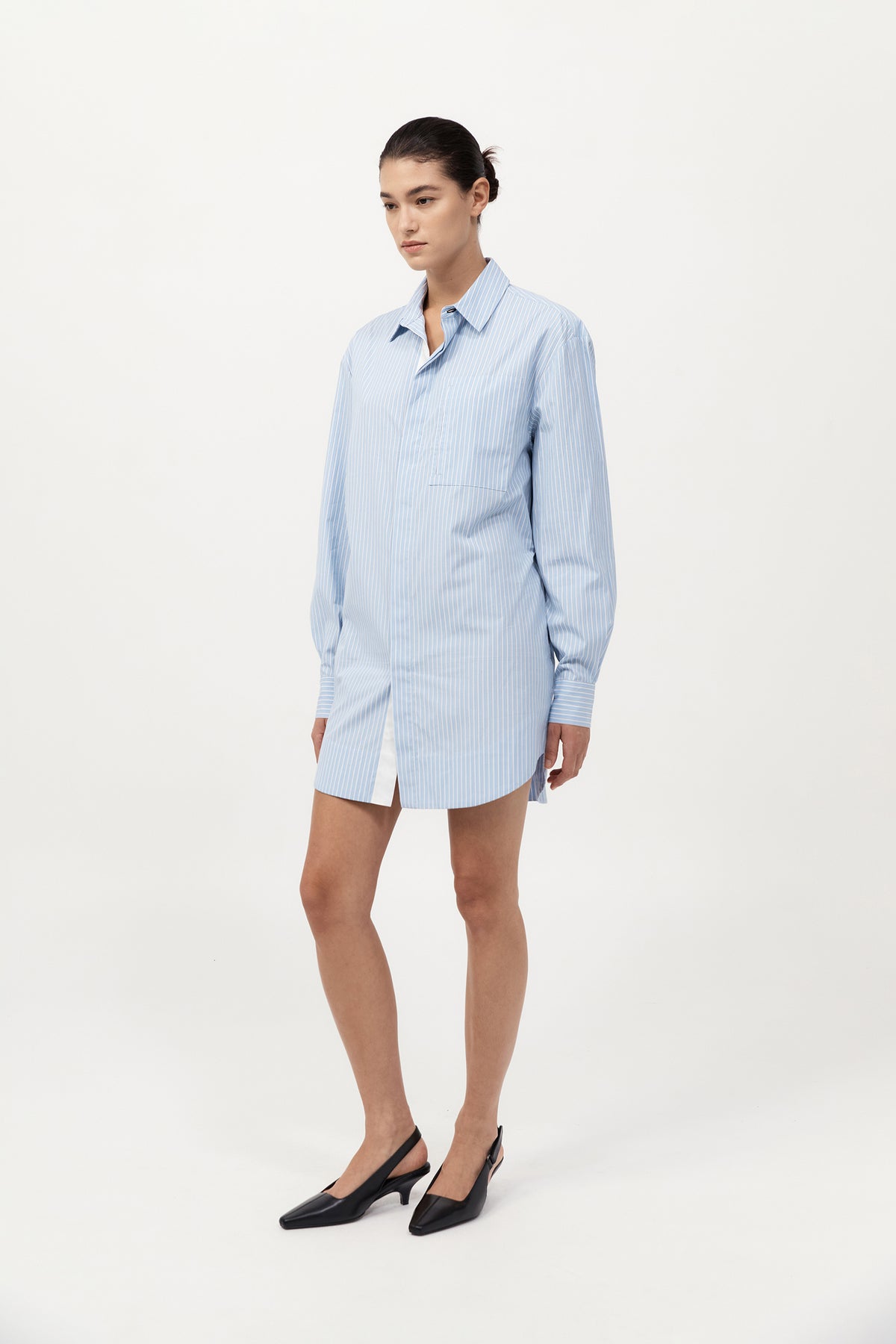 Drawstring Mini Shirt Dress - Pale Blue Stripe