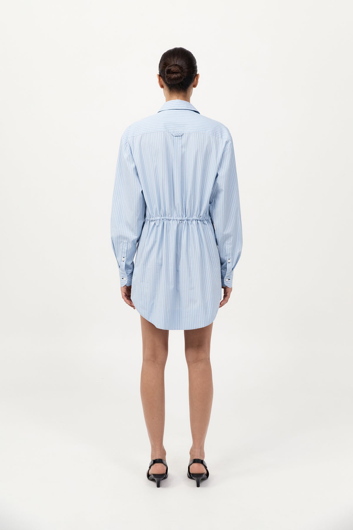 Drawstring Mini Shirt Dress - Pale Blue Stripe