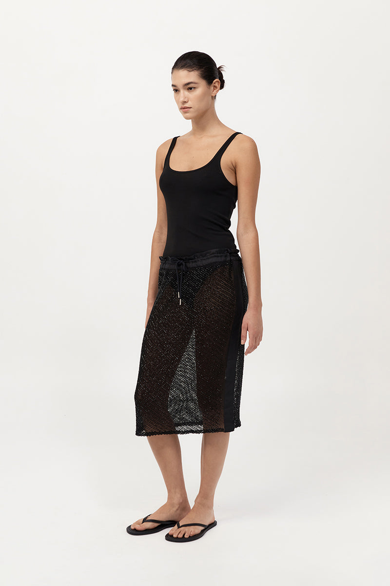 Glass Beaded Mesh Skirt - Jet Black