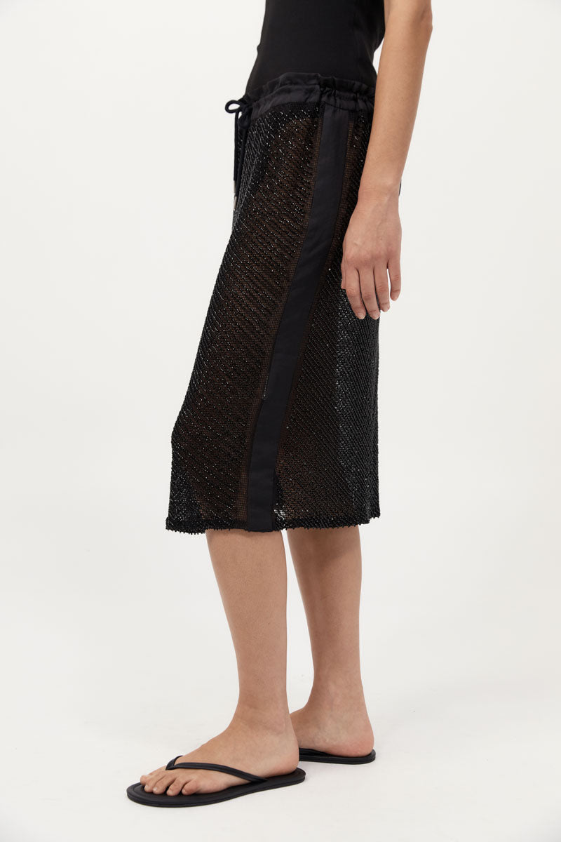 Glass Beaded Mesh Skirt - Jet Black