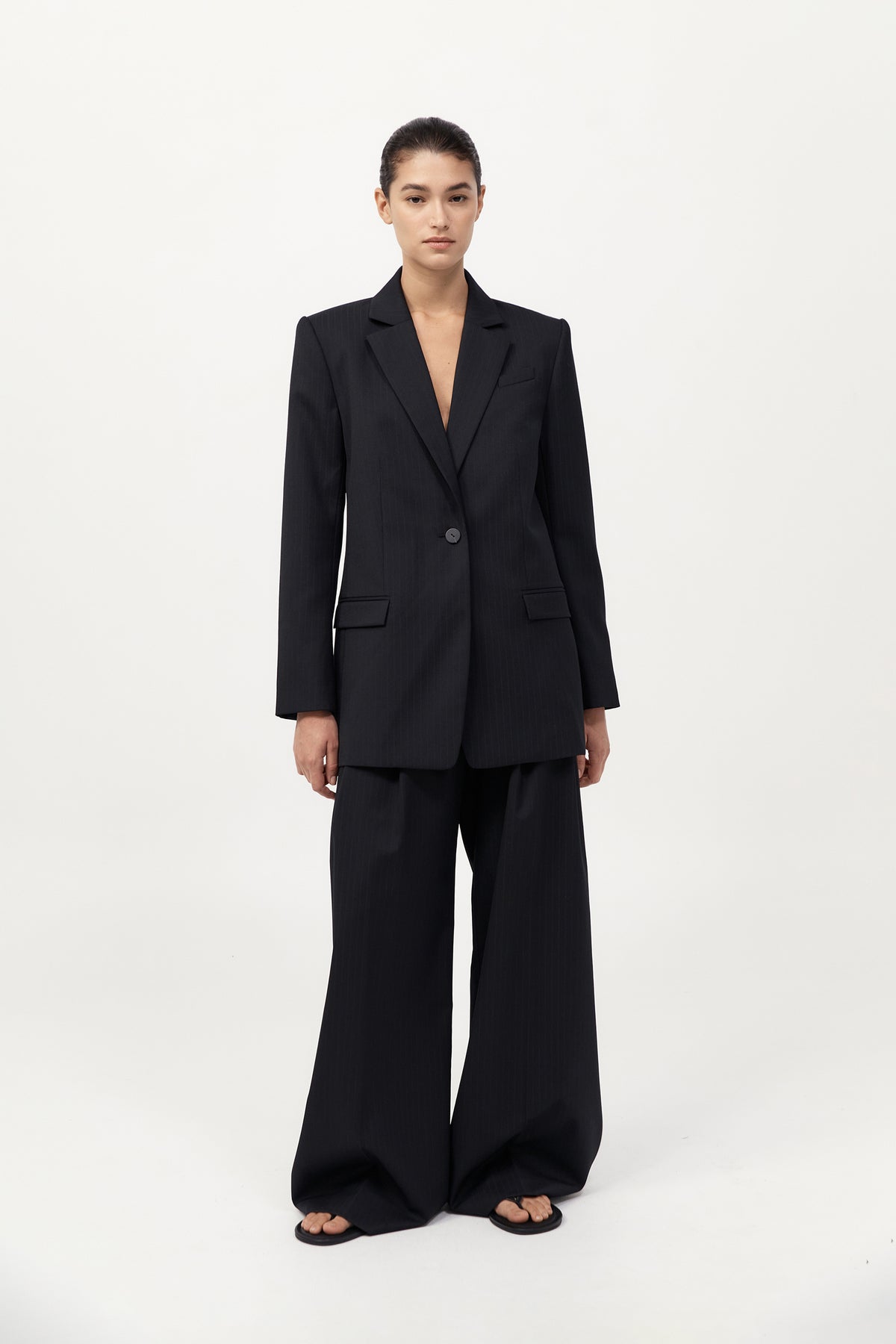 Split Back Blazer - Black Pinstripe