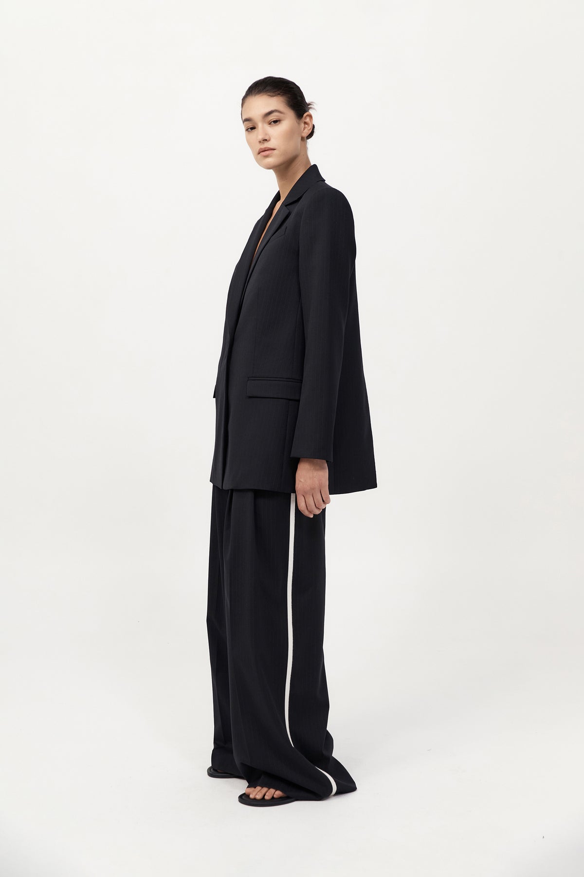 Split Back Blazer - Black Pinstripe