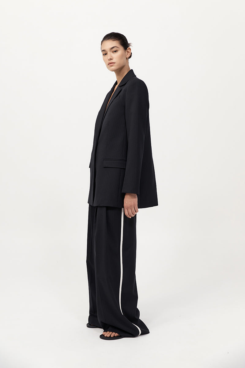 Split Back Blazer - Black Pinstripe