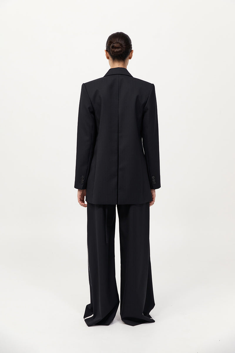 Split Back Blazer - Black Pinstripe