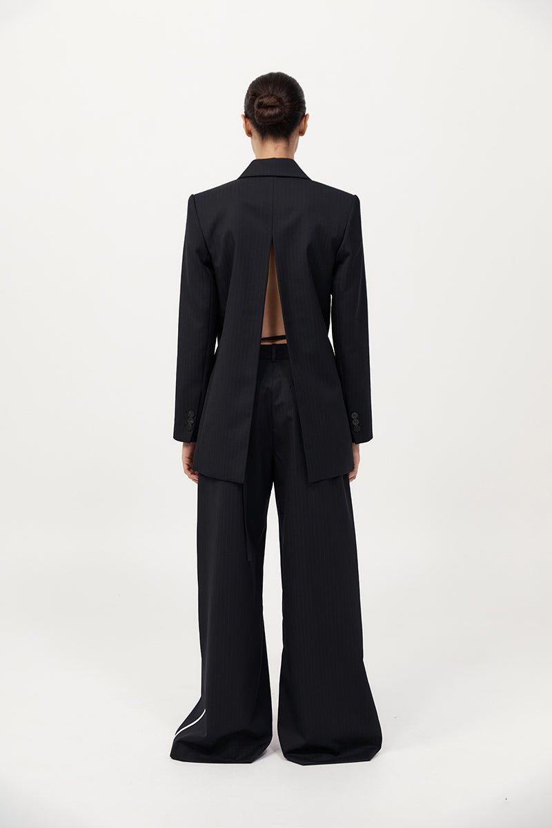 Split Back Blazer - Black Pinstripe
