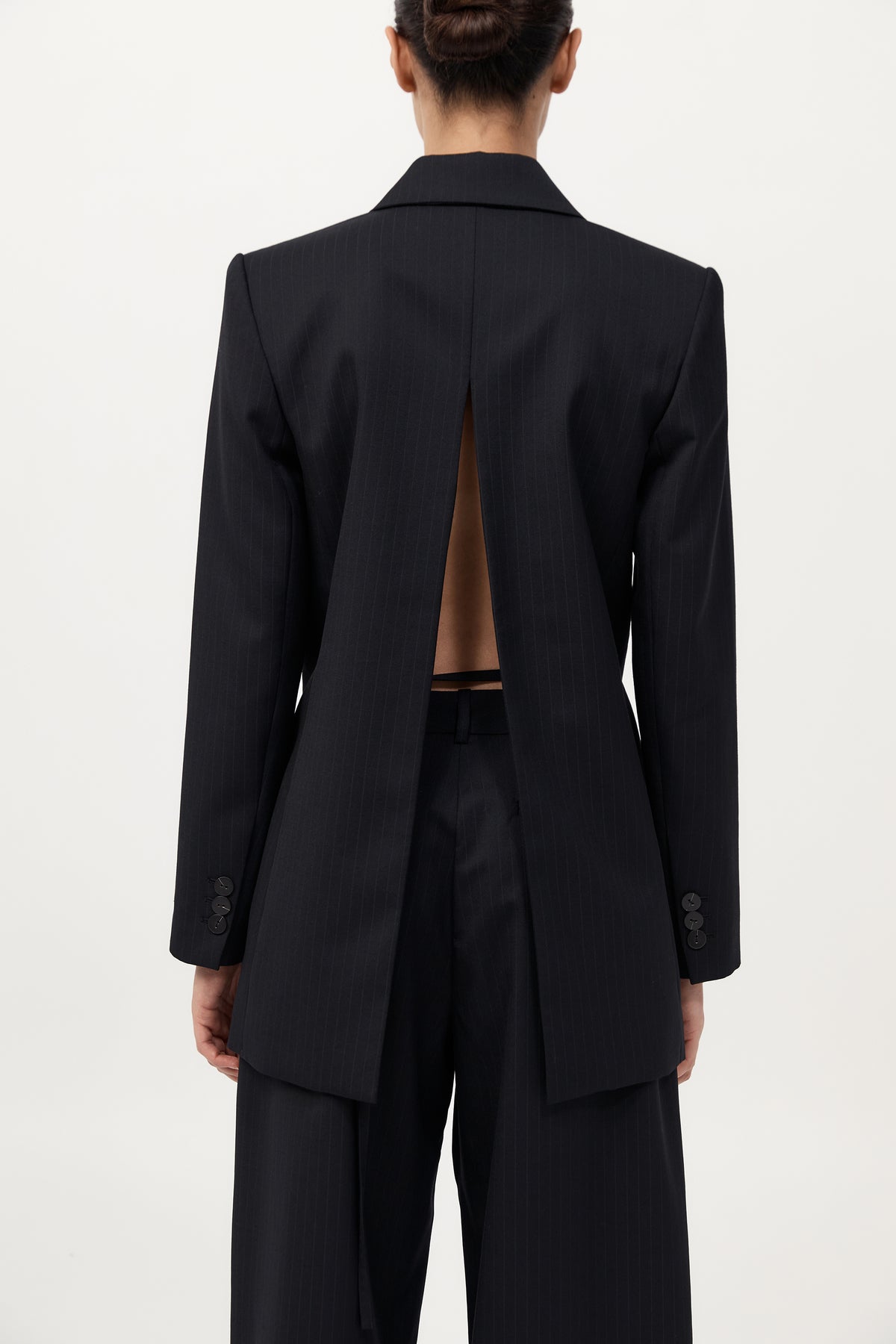 Split Back Blazer - Black Pinstripe