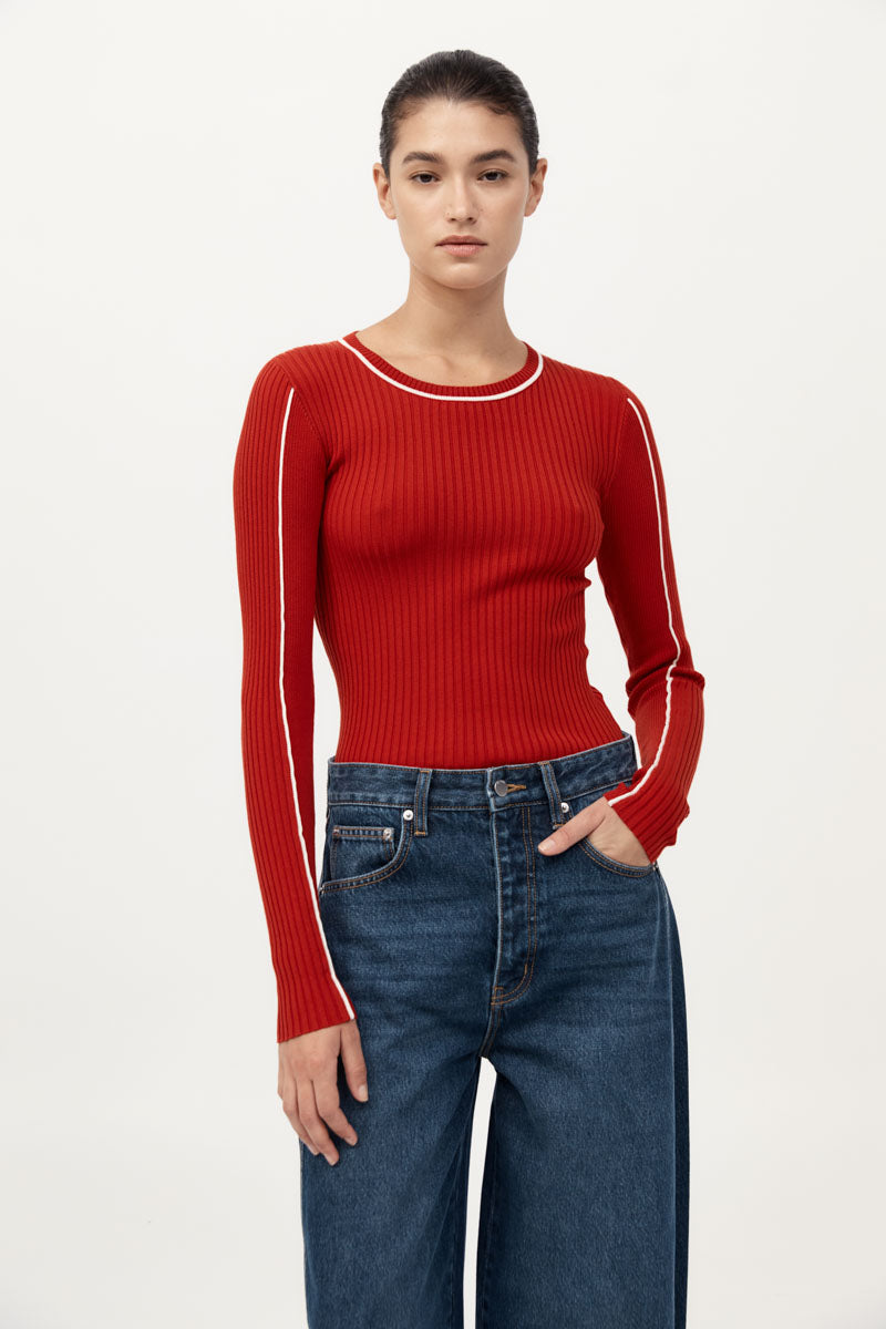 Fine Line Long Sleeve Top - Red / Off White
