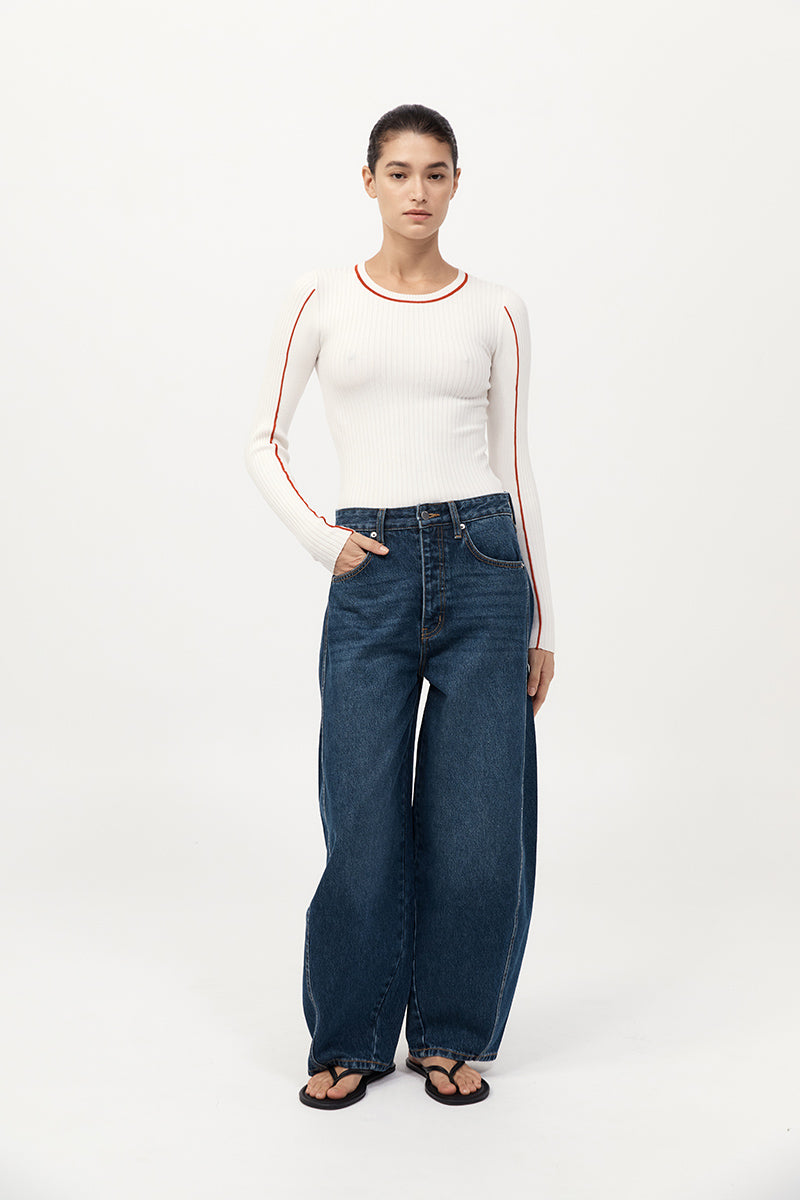 Fine Line Long Sleeve Top - Off White / Red