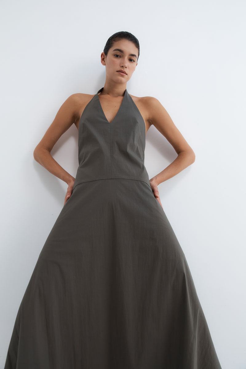 St. Agni | Halter Plunge Dress - Khaki St. Agni | Halter Plunge Dress - Khaki