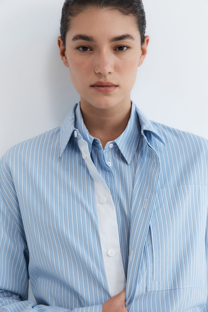Drawstring Mini Shirt Dress - Pale Blue Stripe