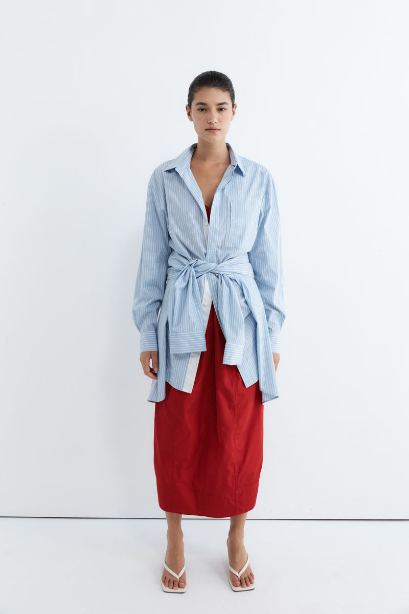 Drawstring Mini Shirt Dress - Pale Blue Stripe