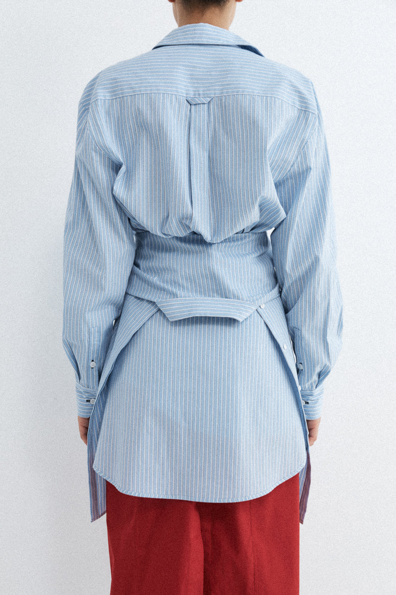 Drawstring Mini Shirt Dress - Pale Blue Stripe
