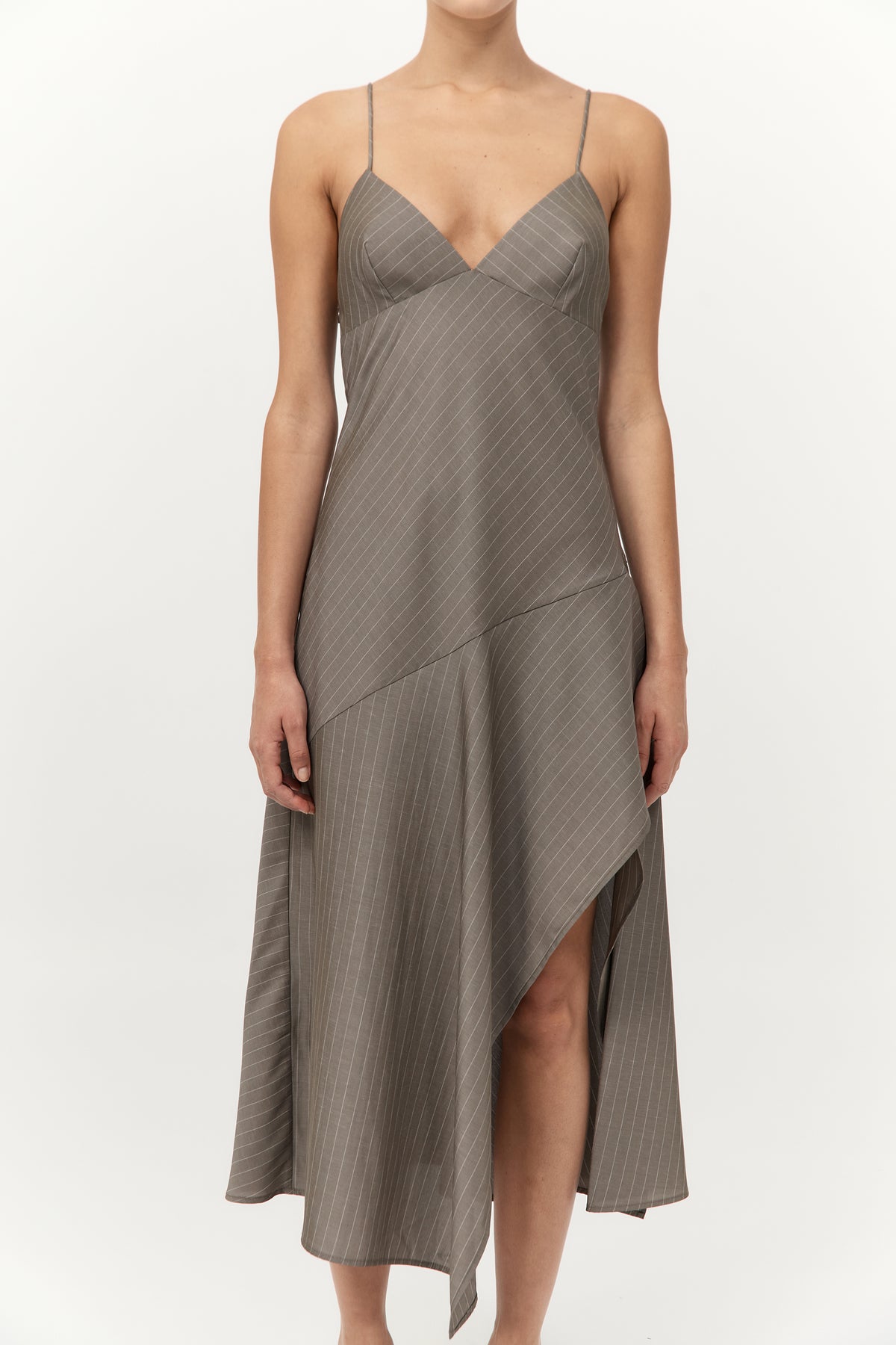 St. Agni | Asymmetric Slip Dress - Khaki Pinstripe St. Agni | Asymmetric Slip Dress - Khaki Pinstripe