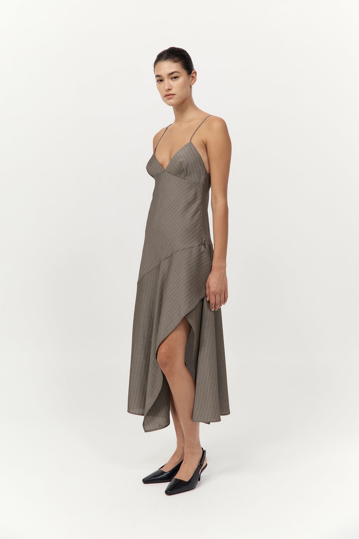 Asymmetric Slip Dress - Khaki Pinstripe