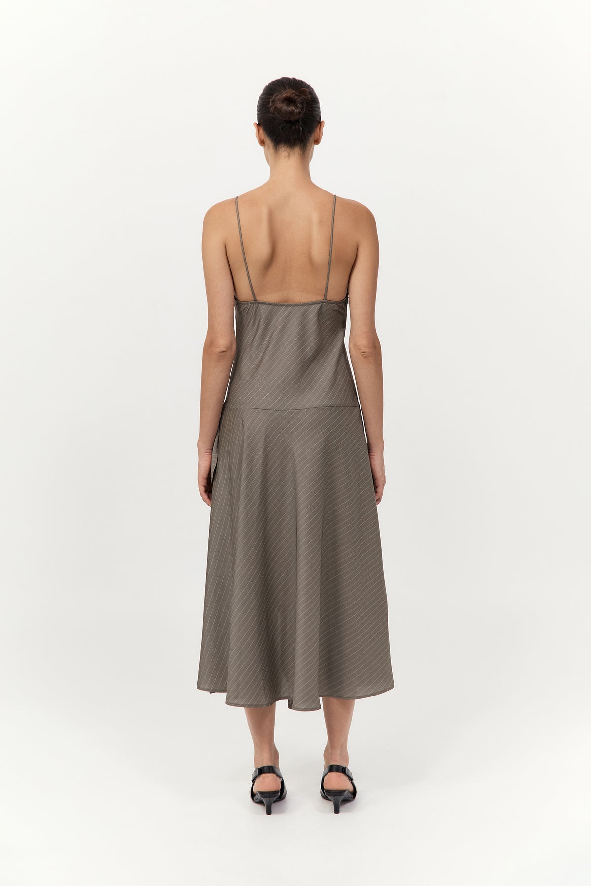 Asymmetric Slip Dress - Khaki Pinstripe