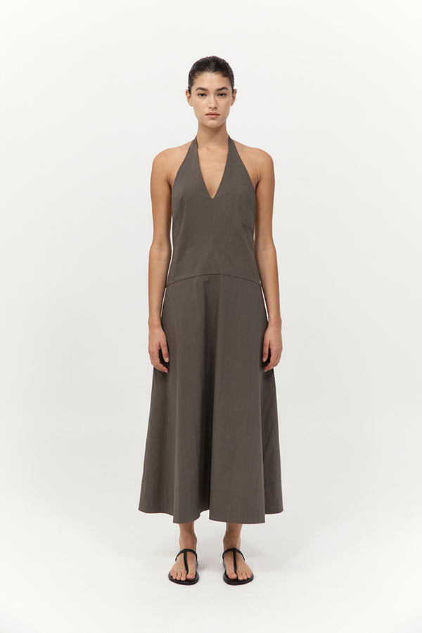 Halter Plunge Dress - Khaki