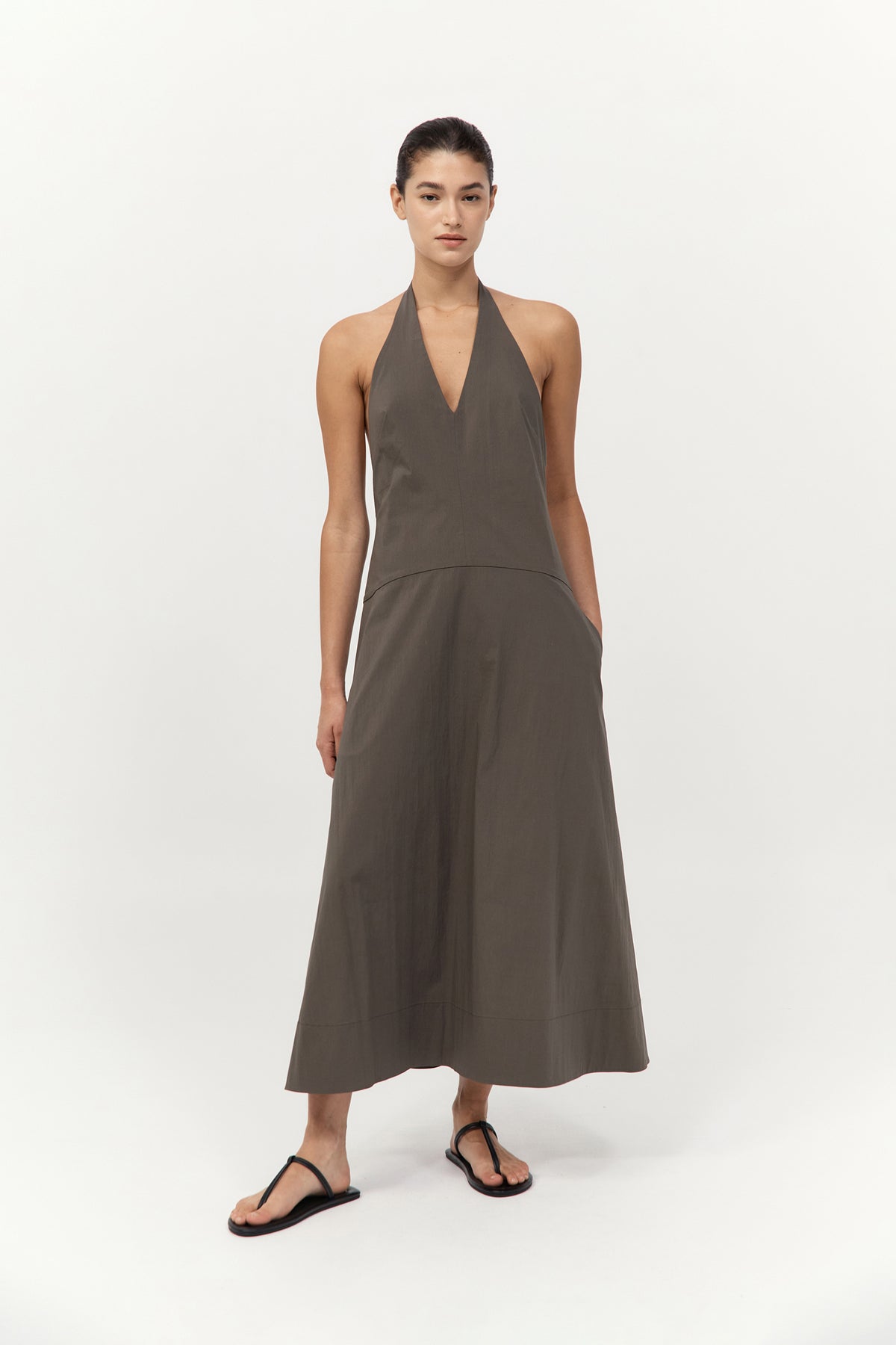 St. Agni | Halter Plunge Dress - Khaki St. Agni | Halter Plunge Dress - Khaki